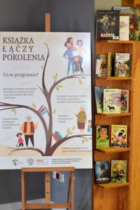 Po lewej plakat projektu na sztaludze, po prawej pułki biblioteczne a na nich wystawa ulubionych książek naszych dziadków, rodziców i dzieci